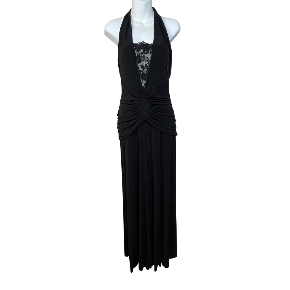 Vtg Jessica McClintock Black Halter Neck Size 8 Ruched Wide Leg Jumpsuitโ Dressy
